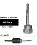 Compatible nut driver with #14 black part number 8113910, shown with hex shank and threaded body in steel finish.