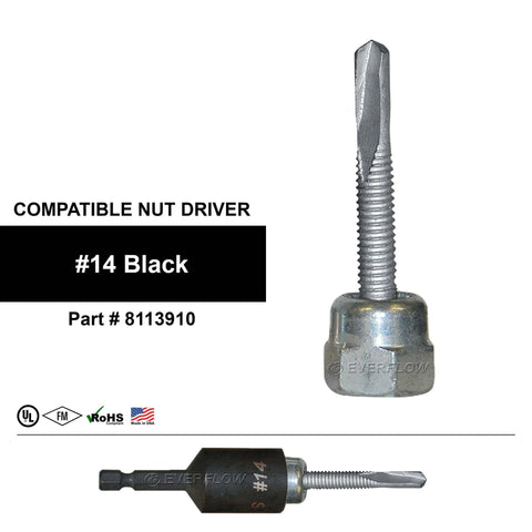 Compatible nut driver with #14 black part number 8113910, shown with hex shank and threaded body in steel finish.
