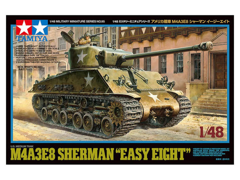 Box art of One Forty Eight Scale US Medium Tank M4A3E8 Sherman Plastic Model Kit with Realistic Cast Turret and T66 Tracks