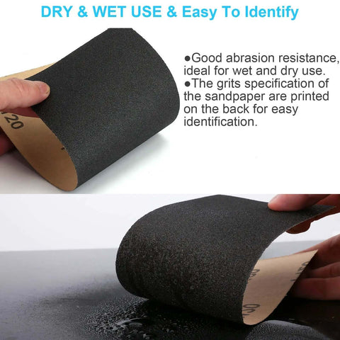 Hands holding a black sheet from All Purpose Pro Grade Sandpaper Kit DIY Friendly With 48 Pcs Wet Dry Sheets 16 Grits From 120 To 5000