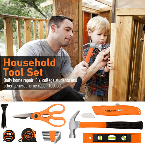 Adult and child using household tool set for repairs, featuring scissors, hammer, tape measure, level, and utility knife.