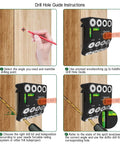 Drill Guide Jig With Two Torpedo Levels for 30, 45, and 90 Degree Holes in use on a wooden surface with instructions shown