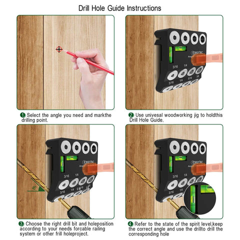 Drill Guide Jig With Two Torpedo Levels for 30, 45, and 90 Degree Holes in use on a wooden surface with instructions shown
