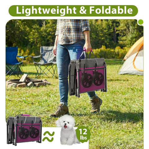 Person holding folded Pink Folding Wagon Cart With 5-Inch Wide Wheels, Lightweight Portable Utility Wagon, camping scene