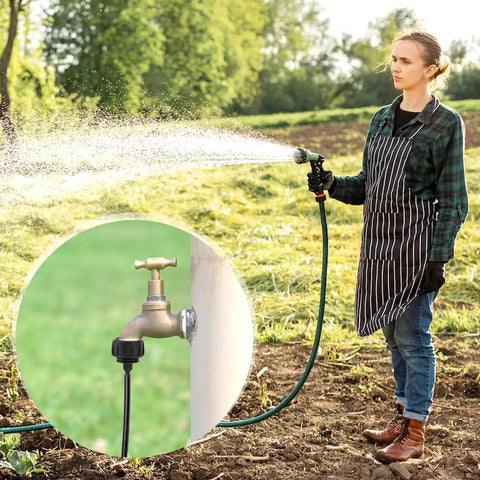 Person using hose with Five Pack One Quarter Inch Drip Irrigation Tubing To Faucet And Garden Hose Adapters Quick Connect Fittings