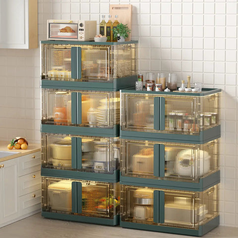Kickass 19 Gallon Heavy Duty Foldable Storage Bin With Snap On Front Opening And Secure Lid Stackable Plastic Organizer Box Dope Green Setup for organized kitchen storage.