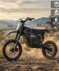 Powerful 4000W Electric Dirt Bike For Teens And Adults With 45 MPH Peak Speed, 40 Mile Range shown on rugged landscape