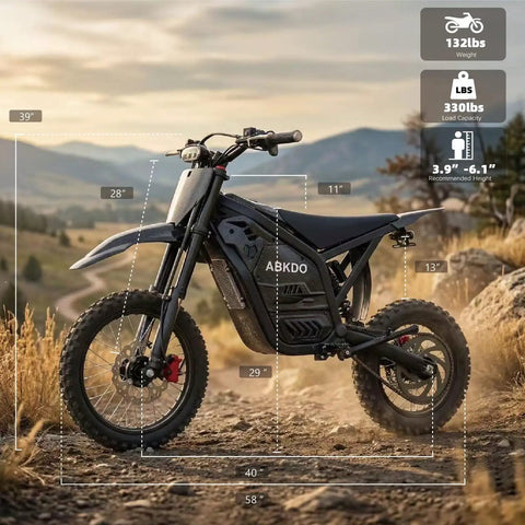 Powerful 4000W Electric Dirt Bike For Teens And Adults With 45 MPH Peak Speed, 40 Mile Range shown on rugged landscape