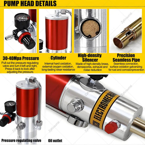 Pump head details for Portable Pneumatic Grease Gun With 50 to 1 High Pressure, Air Powered Grease Pump for 20 to 55 Gallon Drums.