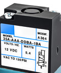 Close-up of the 12V 5.4W 3-Port Electronic Boost Control Solenoid Valve, Model 35A-AAA-DDBA-1BA, showing label details and connector port.