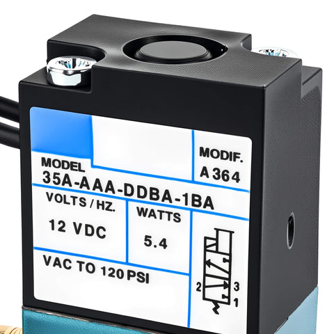Close-up of the 12V 5.4W 3-Port Electronic Boost Control Solenoid Valve, Model 35A-AAA-DDBA-1BA, showing label details and connector port.