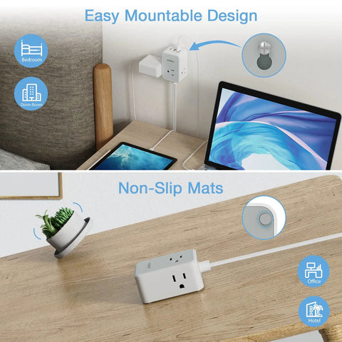 Ultra Slim Flat Plug Power Strip With USB Ports, Five Foot Extension Cord, Three AC Outlets And One USB C on desk