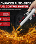 No Fuss Smart Siphon Pump 3 8 Gpm Electric Fuel Transfer 51 Inch Hose pouring fuel with auto-stop sensor system.