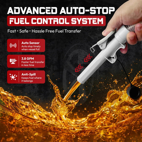 No Fuss Smart Siphon Pump 3 8 Gpm Electric Fuel Transfer 51 Inch Hose pouring fuel with auto-stop sensor system.