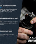 Hands holding an Electric Twist Drill Bit Sharpener For 3/32 To 1/2 Inch Bits, highlighting dual sharpening angles and split point creation.