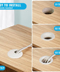 JTemgle 2 Inch White Desk Grommet Cable Hole Cover installation steps on wooden tabletop for desk cord management.