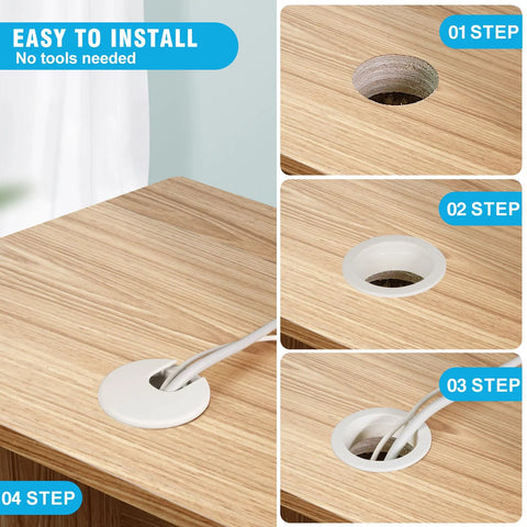 JTemgle 2 Inch White Desk Grommet Cable Hole Cover installation steps on wooden tabletop for desk cord management.