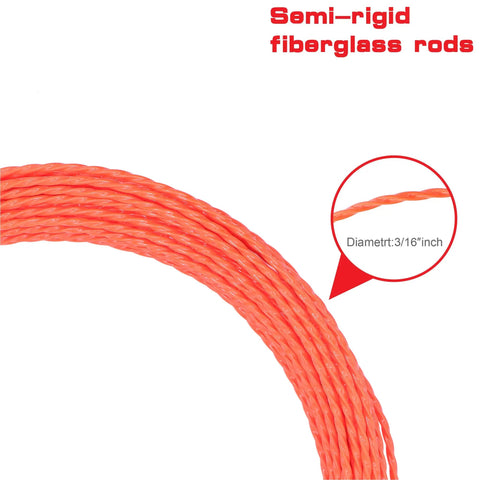 Rugged 130 Feet Polyester Fish Tape With Straight Shooter Wire Puller And Electrical Wiring Threader Plus Heavy Duty Cable Fastener Kit close-up of semi-rigid fiberglass rods.