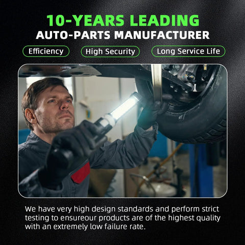 Mechanic inspecting vehicle undercarriage with flashlight, promoting 10-year leading auto-parts manufacturer