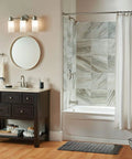 Bathroom with Gibson Dope Brushed Nickel Shower Trim Kit including showerhead, handle, and tub spout, modern design shower area.
