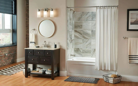 Bathroom with Gibson Dope Brushed Nickel Shower Trim Kit including showerhead, handle, and tub spout, modern design shower area.