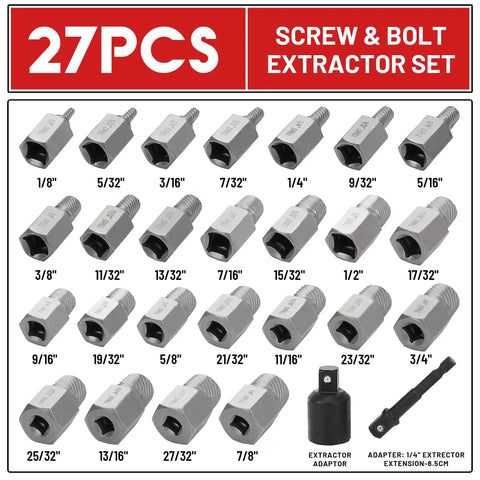 27 Piece Screw Extractor Set With Hex Head And Multi Spline Easy Out Kit For Three Eighths Inch Drive Stripped Bolts Remover