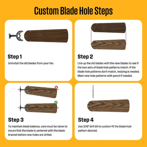 Custom blade hole steps for 22 Inch Replacement Ceiling Fan Blades For 52 Inch Fans With Reversible Finishes No Fuss Easy Install