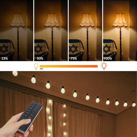 Heavy Duty Outdoor Dimmer For String Lights Featuring Extra Dope Remote Control And Reliable Timer Waterproof Switch For Patio Setup And Dimmable Led Bulbs, showing light levels from 25% to 100%.