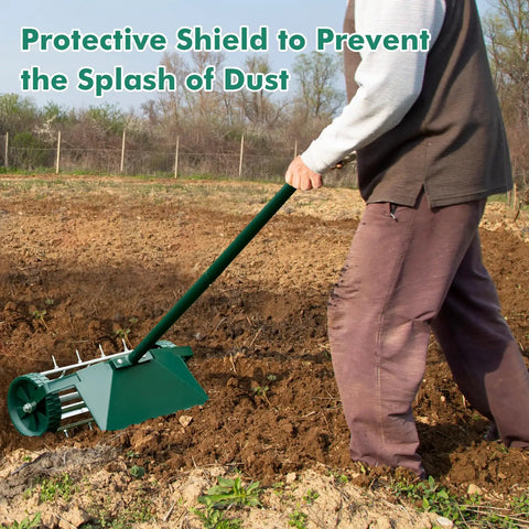 Person using Rolling Lawn Aerator 18 Inch With Fender And Tine Spikes, Anti Slip Handle, Manual Soil Aeration Tool