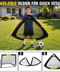 Child holding Portable 4x3 Ft Pop Up Soccer Goal For Backyard and Indoor Use, showcasing easy setup for kids and adults.