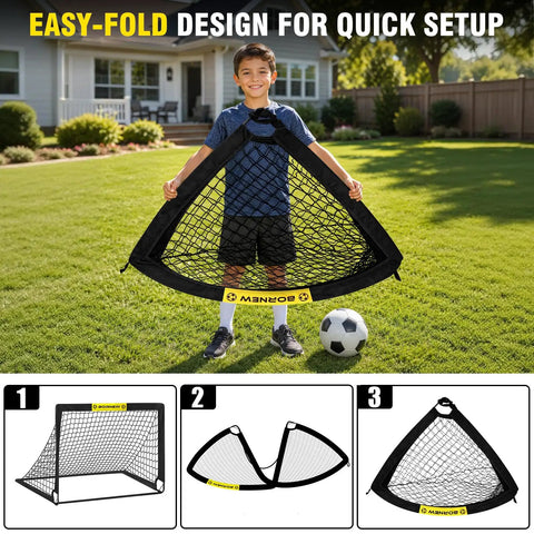 Child holding Portable 4x3 Ft Pop Up Soccer Goal For Backyard and Indoor Use, showcasing easy setup for kids and adults.