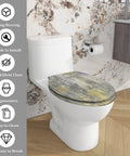 Quiet Close Resin Elongated Toilet Seat for Bathroom on a white toilet, featuring gray and yellow marbled design.