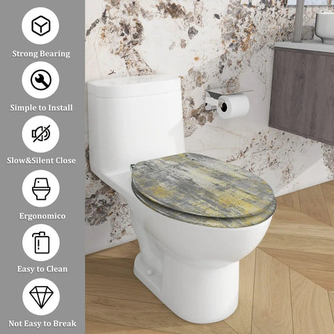 Quiet Close Resin Elongated Toilet Seat for Bathroom on a white toilet, featuring gray and yellow marbled design.