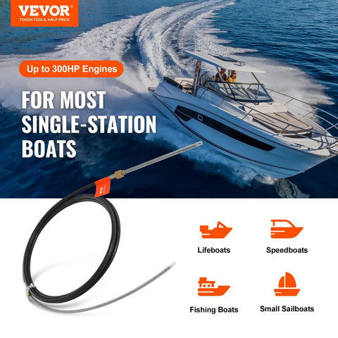 Long 17 Foot Boat Steering Cable With Three Quarter Inch Standard Tapered Shaft Marine Grade Alloy Build For Yachts Fishing Boats And Other Watercraft shown with a boat and icons.