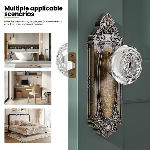 Crystal Door Knob Set With Privacy Lock In Antique Brass Base Glass Door Handle installed on interior door