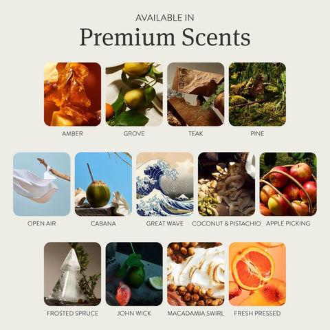 Image showing premium scents including Amber, Grove, Teak, Pine, Open Air, Cabana, Great Wave, Coconut & Pistachio, Apple Picking, Frosted Spruce, John Wick, Macadamia Swirl, Fresh Pressed