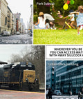Collage showing urban street, park suburb, train station, and urban office building with text overlay promoting 4 Way Sillcock Water Key Steel Multi Function Utility Key For Faucets Spigots Valves Emergency Water Access Tool 1 Pack Includes Four Size 1/4 9/32 5/16 11/32 Inches Ready For Prepper Gear