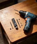 Rock Solid Aluminum Alloy Pocket Hole Jig No Fuss Drill Guide Tool With Snap Lock Countersink Design For Quick Woodworking and Furniture Assembly Builds on a wooden table with drill bits.