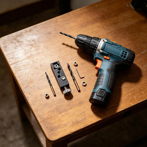 Rock Solid Aluminum Alloy Pocket Hole Jig No Fuss Drill Guide Tool With Snap Lock Countersink Design For Quick Woodworking and Furniture Assembly Builds on a wooden table with drill bits.