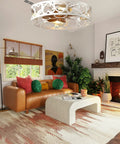 Low Profile Caged Ceiling Fan With Lights Remote Control installed in a modern living room with leather sofa and fireplace