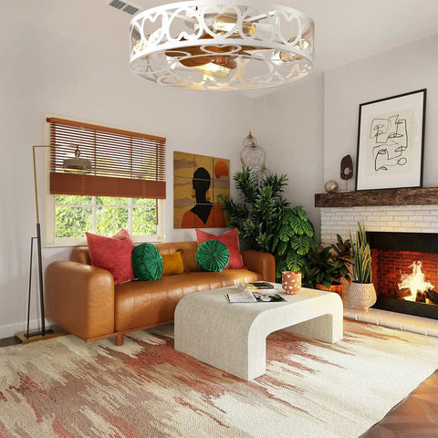Low Profile Caged Ceiling Fan With Lights Remote Control installed in a modern living room with leather sofa and fireplace