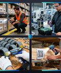 Rock Solid Wireless Barcode Scanner With Charging Stand used in a warehouse for inventory tasks on cardboard boxes.