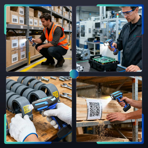 Rock Solid Wireless Barcode Scanner With Charging Stand used in a warehouse for inventory tasks on cardboard boxes.