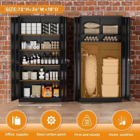 72 Inch Locking Steel Storage Cabinet with Four Adjustable Shelves and Two Doors, Black, displaying office and home supplies.