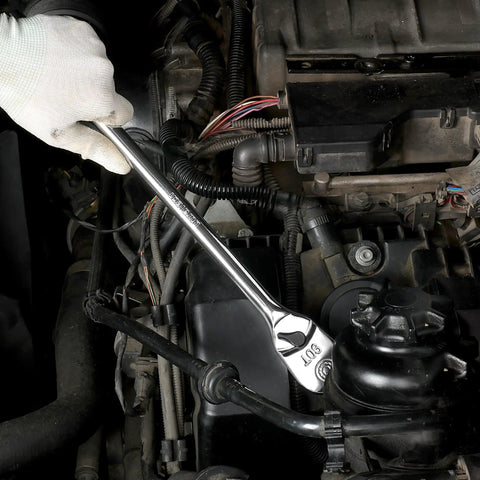Tough As Nails 1/2 Inch Drive Ratchet Wrench With Extra Long Handle And 90 Tooth Design in use over engine components.