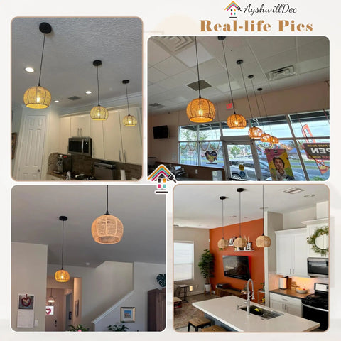 Top Tier Hand Woven Wicker Pendant Lights Trio Boasts A Natural Rattan Dome Shell with adjustable wires in various kitchen settings.