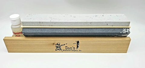 All In One 3 Stone Knife Sharpening System with 10 inch silicon carbide, medium and hard Arkansas stones, honing oil, wood base