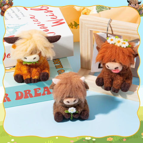 Awesome Three Pack Needle Felting Kit For Beginners With Wool Felt Tools Foam Pad Wooden Handle And Included Needles Finger Cots Instructions And Highland Cow Keychains For DIY Home Decor And Party Crafts showing three felt Highland Cow keychains on display.