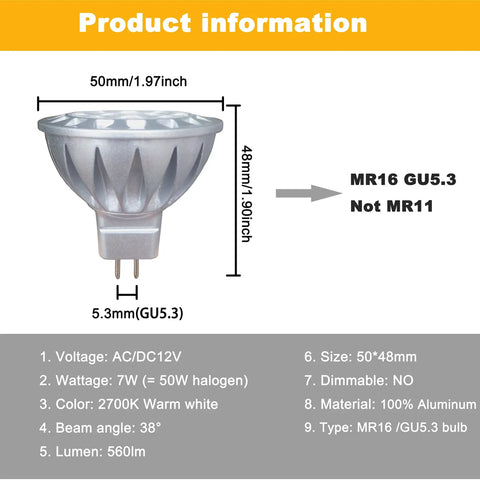 MR16 LED Bulbs 7W GU5.3 Easy Install Replacement For 50W 60W 70W 75W Halogen, 2700K Warm White, 12V spotlight with specifications
