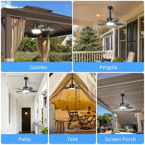 Compact Ceiling Fan With Light And Remote For Outdoor Spaces, 20 Inch, shown in gazebo, pergola, patio, tent, screen porch.